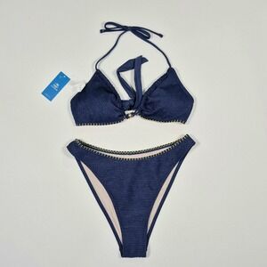 Cupshe Navy Blue Yellow Blanket Stitch Pearl Halter Bikini Set NWT Medium‎